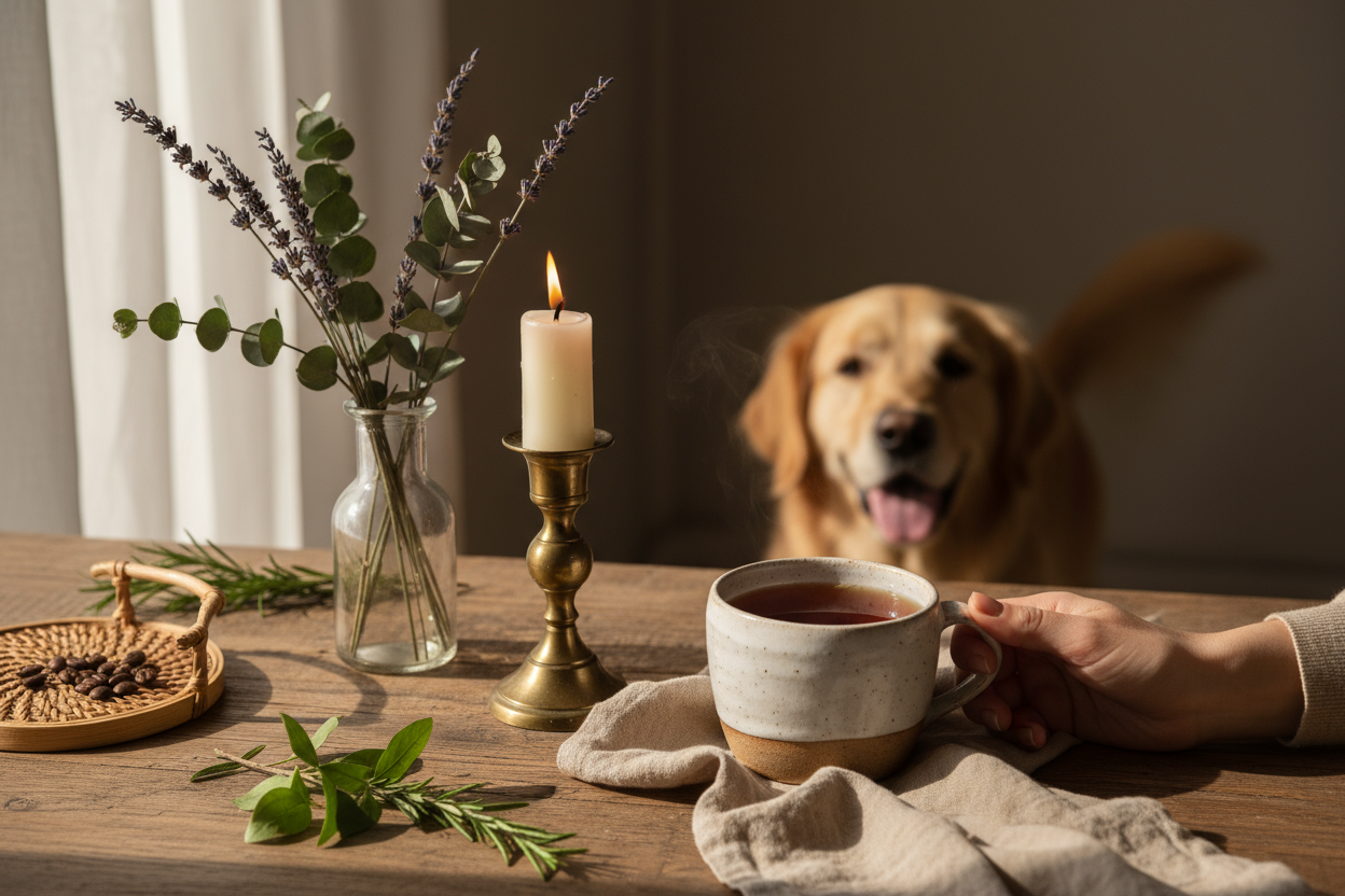 Try to choose hero images that feel like:
	•	A curated corner — a wooden table with a candle, dried lavender, brass candlestick, ceramic mug.
	•	Natural light & texture — linen, rattan, glass, wood, greenery.
	•	Lifestyle touch — a hand reaching for a teacup, a folded linen napkin, a dog in frame.